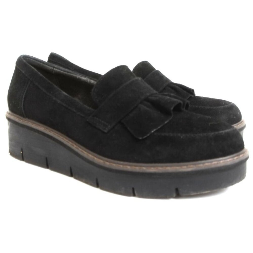 Clarks Women's 8 Airabell Slip On Tassle Loafer Black Suede Wedge Platform - Picture 2 of 10